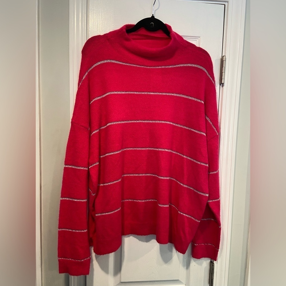 NWT Kim Rogers Size L Pink Silver Stripe Metallic Mock Neck Oversized Sweater